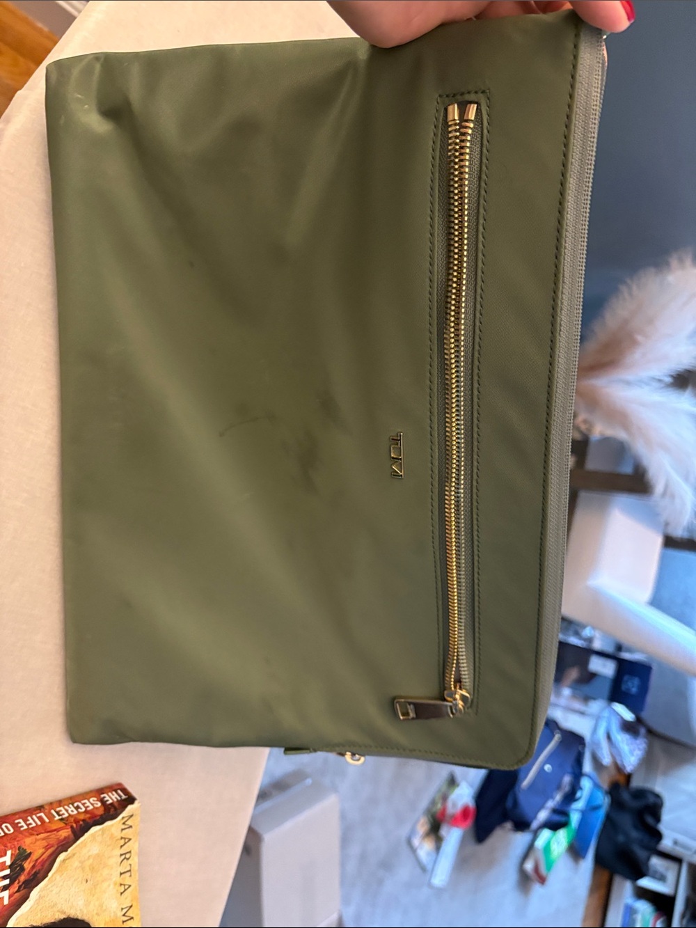 Tumi Olive Green Nylon Zip Clutch with Gold Hardware